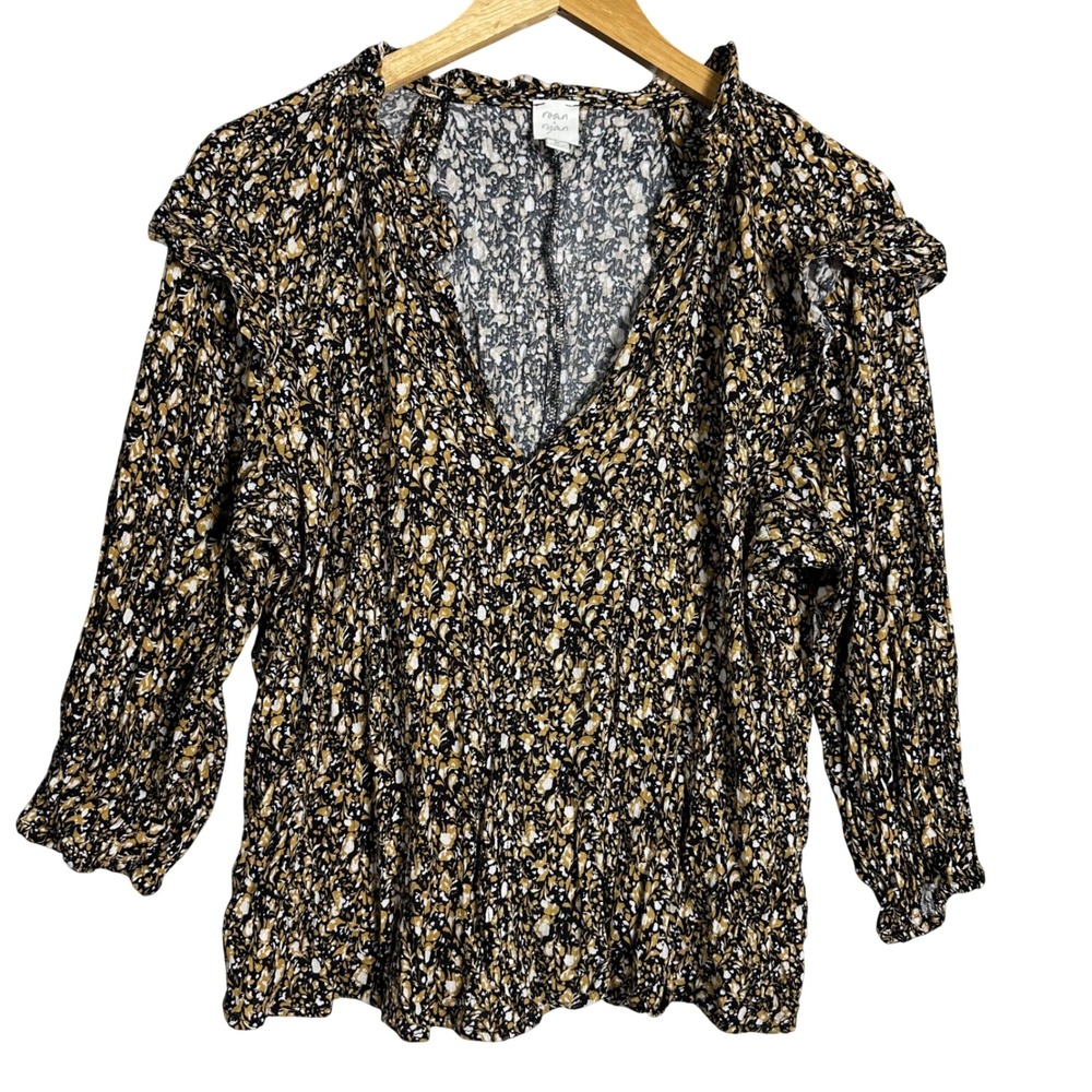 Roan‎ + Ryan Women Yellow Black Floral V-Neck Ruffle Shoulder Blouse Size Medium